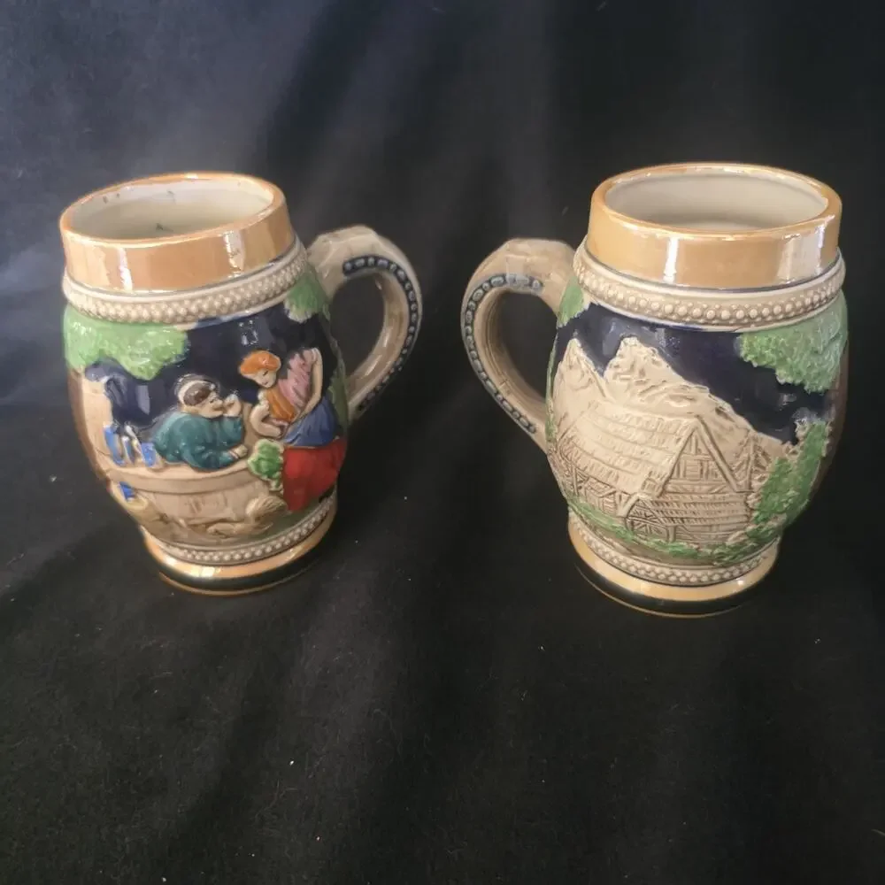 Vintage Hand Painted Hong Kong German Style Beer Steins Relief Tavern Cottage